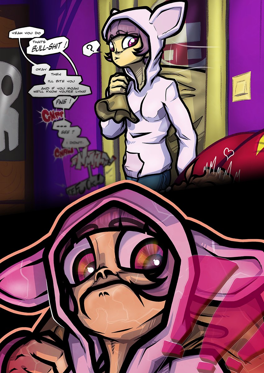 2_panel_comic bottomwear close-up clothing denim denim_bottomwear denim_clothing dialogue exclamation_point hair heart_symbol hoodie human_only jeans judgement not_furry offscreen_character offscreen_sex pants profanity purple_hair question_mark sack sound_effects speech_bubble text topwear walk-in wide_eyed vonboche dani_(vonboche) human mammal comic english_text hi_res multiple_scenes