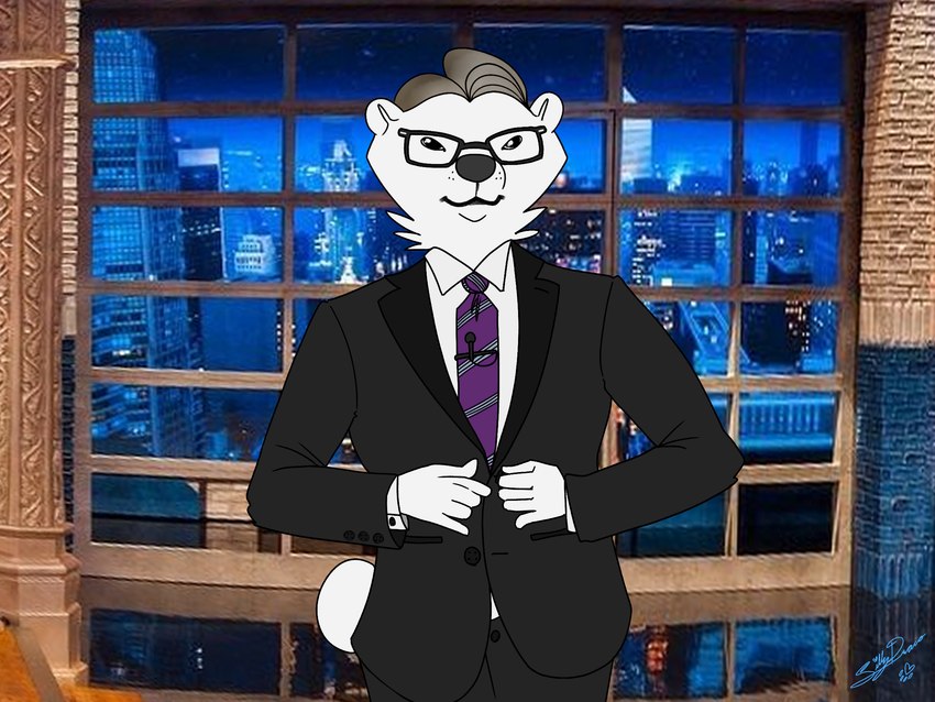 ambiguous_gender anthro black_clothing black_suit clothing electronics eyewear glasses grey_hair hair looking_at_viewer microphone microphone_wire necktie neo-classical_architecture new_york new_york_city purple_necktie skyline smile solo suit talk_show sillydraco stephen_colbert bear mammal polar_bear ursine 4:3 hi_res