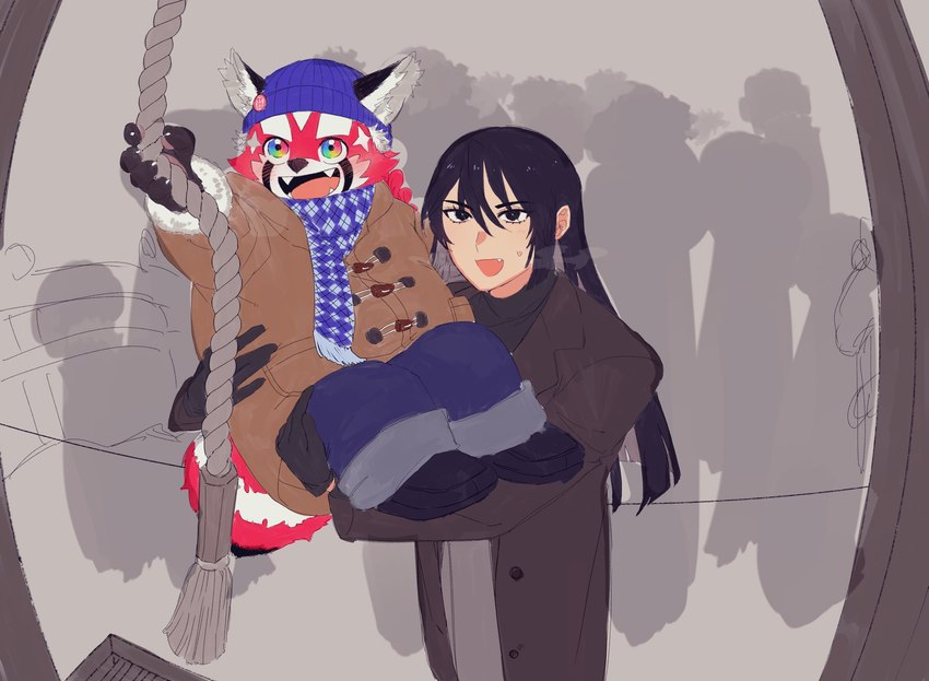 anthro black_hair duo eyebrows female hair male ringing_bell rope shrine slightly_chubby thick_eyebrows young ta_me_ba lifewonders tokyo_afterschool_summoners zhurong_(tas) ailurid human mammal red_panda hi_res