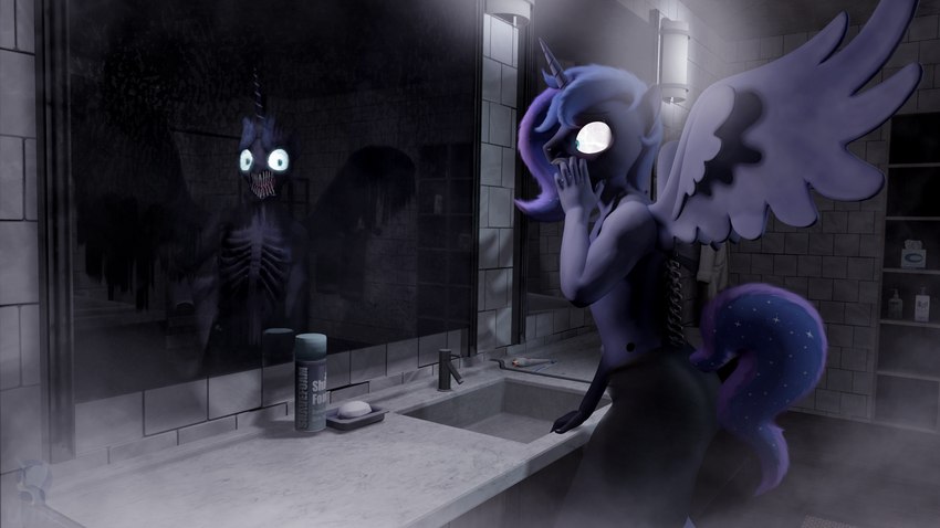 altered_reflection anthro bathroom body_horror bone crossgender fog ftm_crossgender grimdark grotesque horn horrified inside male mirror necrosis peeling_flesh reflection rib_cage solo wings unie friendship_is_magic hasbro my_little_pony mythology nightmare_moon_(mlp) princess_luna_(mlp) equid equine mammal monster mythological_creature mythological_equine winged_unicorn 16:9 3d_(artwork) 4k absurd_res digital_media_(artwork) hi_res widescreen