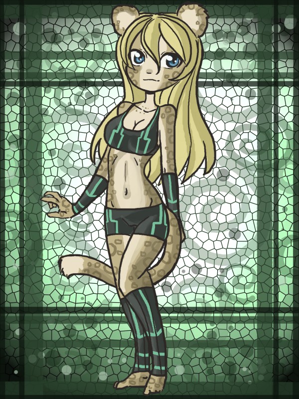 anthro armwear blonde_hair blue_eyes bottomwear bra breasts brown_body brown_fur cleavage clothed clothing detailed_background female fur hair legwear navel shorts solo spots underwear white_body white_fur raptor007 lalee felid mammal 2012 3:4 digital_media_(artwork) hi_res