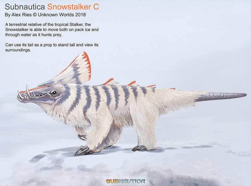 ambiguous_gender claws dorsal_ridge fangs feral fur glowing quadruped solo striped_body striped_fur stripes teeth text white_body white_fur alex_ries subnautica subnautica_below_zero unknown_worlds_entertainment alien snow_stalker_(subnautica) concept_art english_text official_art