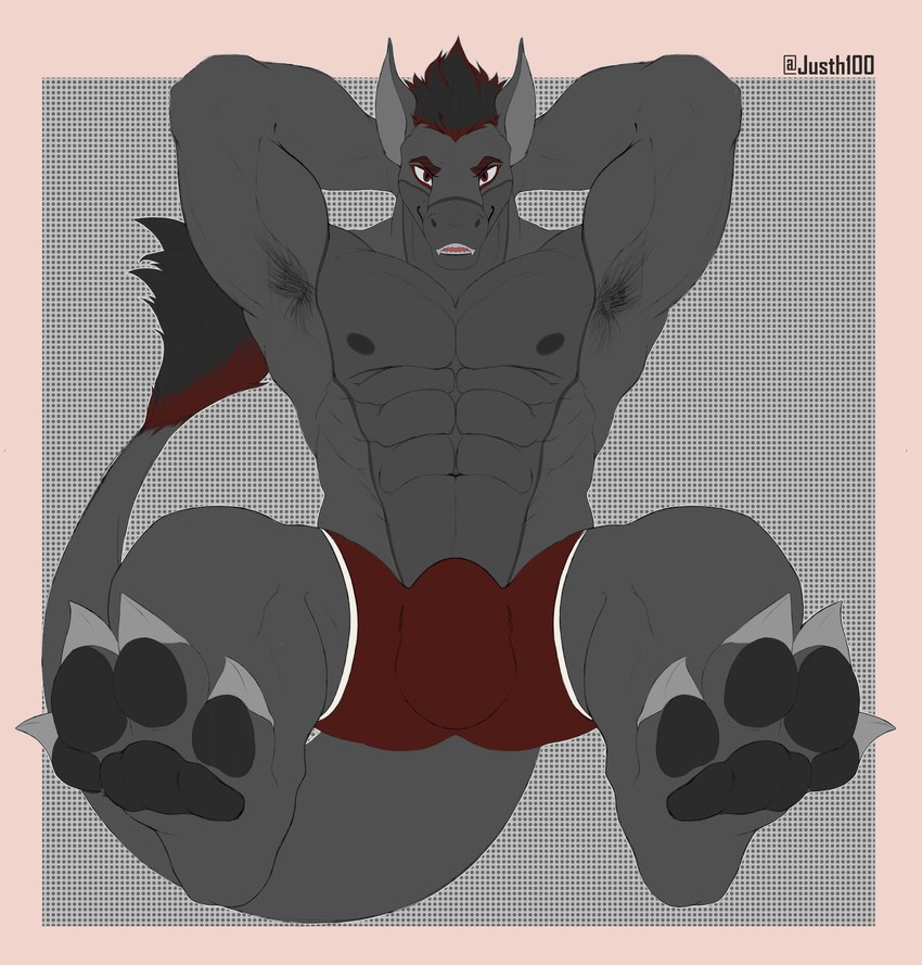 abs anthro armpit_hair black_pawpads body_hair bulge claws feet foot_fetish foot_focus fur grey_body grey_fur hands_behind_head male pawpads red_tail solo tail tail_tuft tuft white_claws justh100 grif_(dez_sabertooth) equid equine felkin mammal absurd_res hi_res