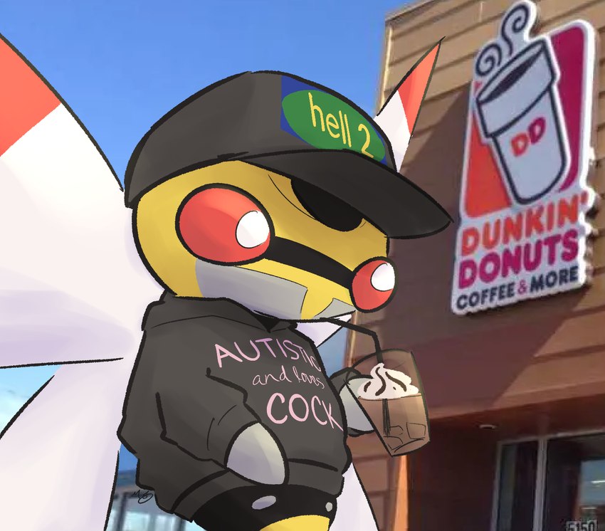 beverage clothing coffee feral hat headgear headwear humor photo_background red_eyes shirt shitpost solo text text_on_clothing text_on_shirt text_on_topwear topwear muzzzzz dunkin'_donuts nintendo pokemon arthropod generation_3_pokemon ninjask pokemon_(species) english_text hi_res meme photography_(artwork)