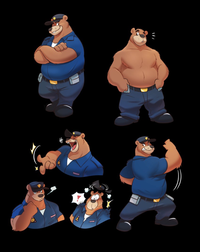 anthro belly black_nose bottomwear brown_body brown_fur clothing exclamation_point eyes_closed fur hat headgear headwear humanoid_hands laugh male moobs overweight overweight_male pants police police_badge police_hat police_officer police_uniform shirt solo surprise topwear uniform piti_yindee brok_the_investigator cowcat_games r.j._(brok_the_investigator) bear mammal 2023 absurd_res alpha_channel hi_res