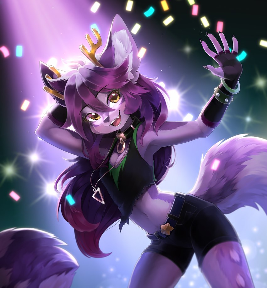 amber_eyes anthro antlers bottomwear clothing collar female fluffy fluffy_tail fur hair horn jewelry long_hair looking_at_viewer midriff necklace purple_body purple_fur purple_hair shorts solo standing tail talilly blair_(tft) canid canine deer fox hybrid mammal 2023 hi_res