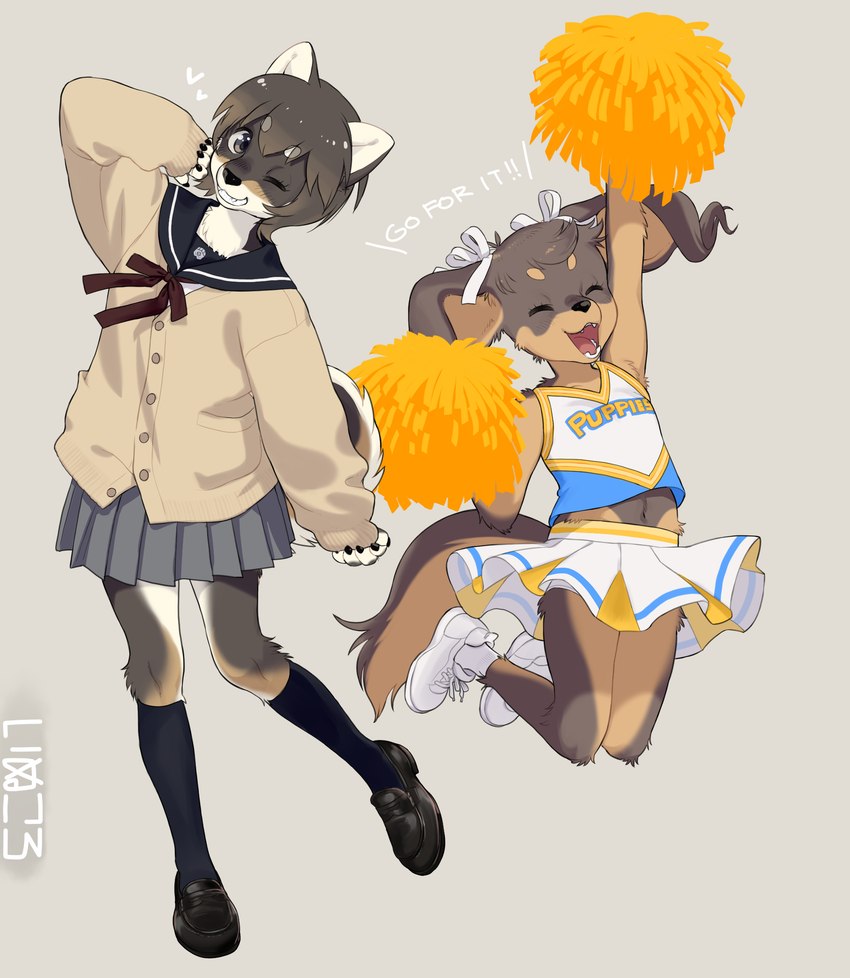 anthro asian_clothing cheek_tuft cheering cheerleader_outfit claws clothed clothing duo east_asian_clothing facial_tuft female finger_claws footwear inner_ear_fluff japanese_clothing japanese_school_uniform kemono neck_tuft pom_poms school_uniform shoes simple_background text tuft uniform kikurage inukoro_(kikurage) kuroshiba_nagomi kusuda_korone canid canine canis domestic_dog mammal copyright_name english_text hi_res translated