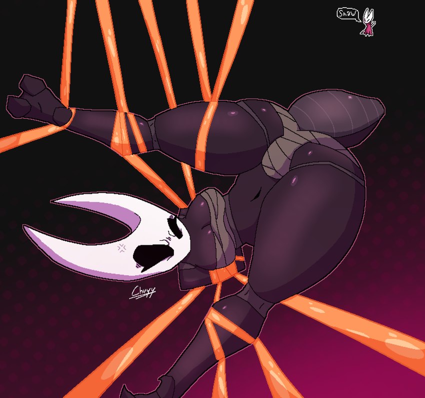 anthro arm_grab arthropod_abdomen breasts cross-popping_vein dialogue female gradient_background leg_grab mouthless navel non-mammal_breasts non-mammal_navel orange_tentacles restrained restrained_by_tentacles simple_background solo speech_bubble spread_legs spreading tentacles text chuyy hollow_knight team_cherry hornet_(hollow_knight) arthropod 2024 dark_theme digital_drawing_(artwork) digital_media_(artwork) english_text handwritten_text hi_res pixel_(artwork) signature warm_colors