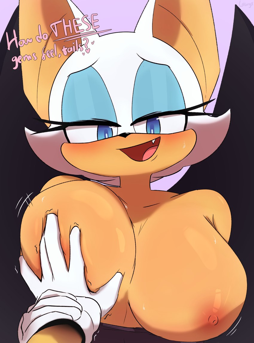 anthro big_breasts blush bodily_fluids breast_grab breasts clothing duo female gloves guided_breast_grab hand_on_breast handwear male male/female nipples sweat lawgx sega sonic_the_hedgehog_(series) miles_prower rouge_the_bat bat canid canine fox mammal absurd_res hi_res