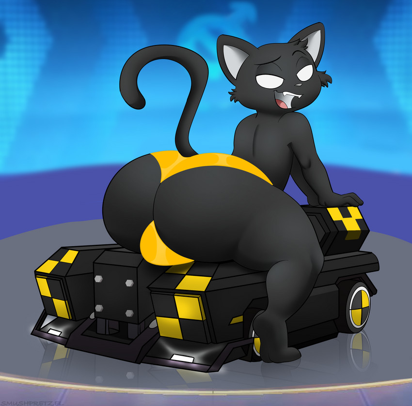 anthro big_butt black_body black_fur black_skin bulge butt cat_tail clothing empty_eyes fur gold_underwear kart looking_back male no_pupils on_bottom on_top pose presenting presenting_hindquarters solo thick_thighs tight_underwear underwear vehicle smushpretzel crazyracing_kartrider nexon wyler_(1033) domestic_cat felid feline felis mammal hi_res pinup