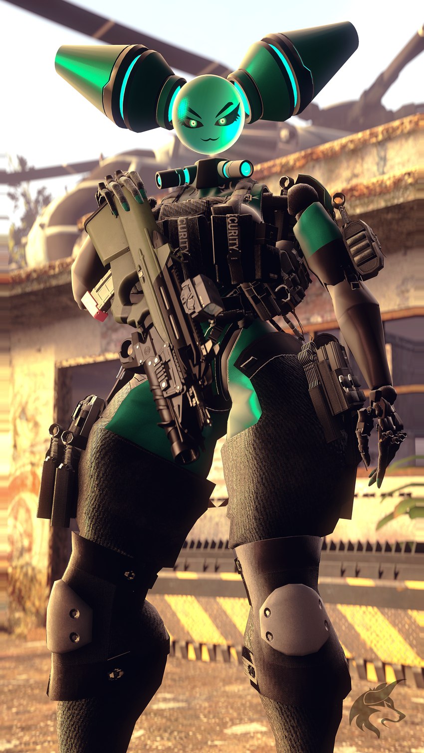 aircraft assault_rifle bulletproof_vest female green_body green_eyes gun helicopter kunai larger_female machine pose ranged_weapon rifle size_difference smile solo tactical_gear vehicle weapon ludexus bas-b_(ludexus) fan_character android humanoid robot robot_humanoid 3d_(artwork) 4k 9:16 absurd_res digital_media_(artwork) hi_res pinup source_filmmaker_(artwork)