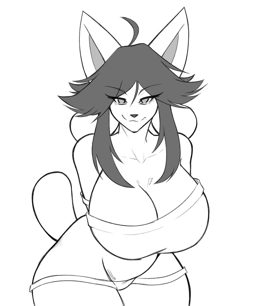 anthro big_breasts breasts cleavage clothed clothing curvy_figure female hair huge_breasts solo thick_thighs voluptuous white_body wide_hips kumenmimi undertale undertale_(series) temmie_(undertale) mammal tem hi_res monochrome