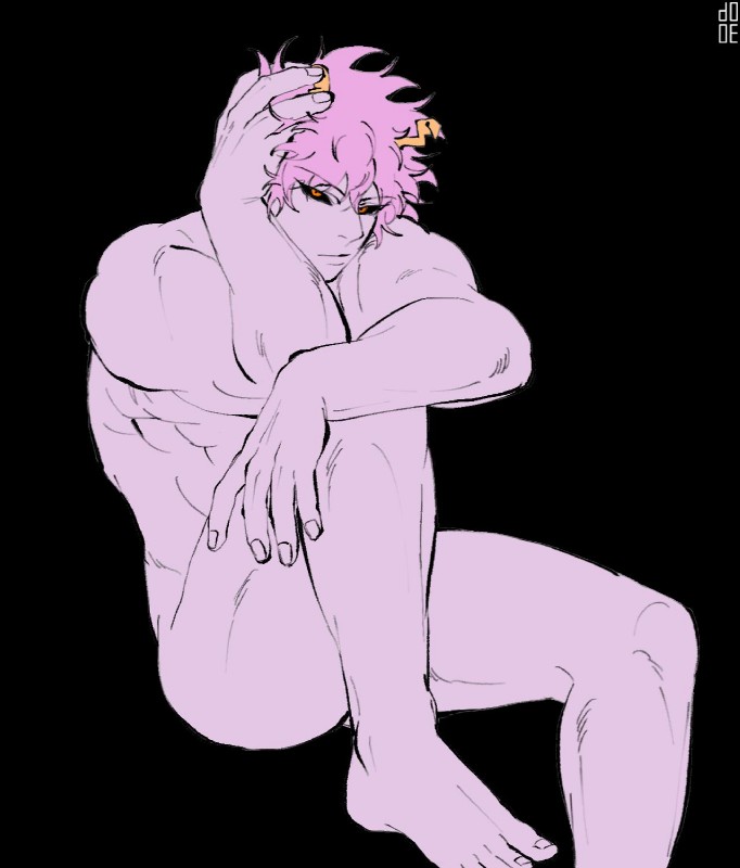 black_sclera crossgender feet hair horn looking_at_viewer male muscular muscular_humanoid muscular_male nude pink_body pink_hair pink_skin solo yellow_eyes dooe my_hero_academia ashido_mina horned_humanoid humanoid mammal hi_res