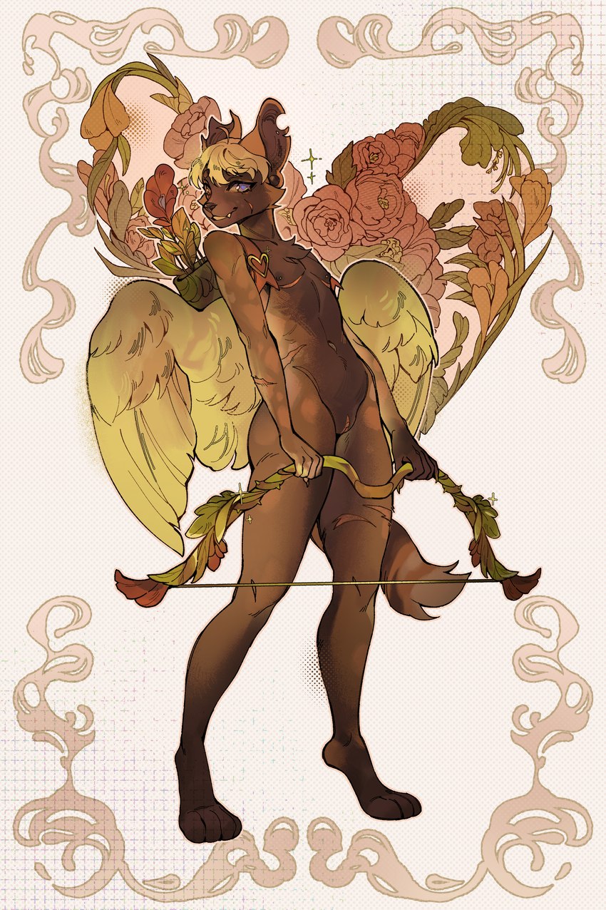 anthro art_nouveau blonde_hair blue_eyes bow_(weapon) brown_body brown_fur flower fur hair holidays male mastectomy_scar nipple_piercing nipples piercing plant ranged_weapon scar smile solo weapon wings schnellentod valentine's_day cupid canid canine mammal absurd_res hi_res trans_(lore) trans_man_(lore)