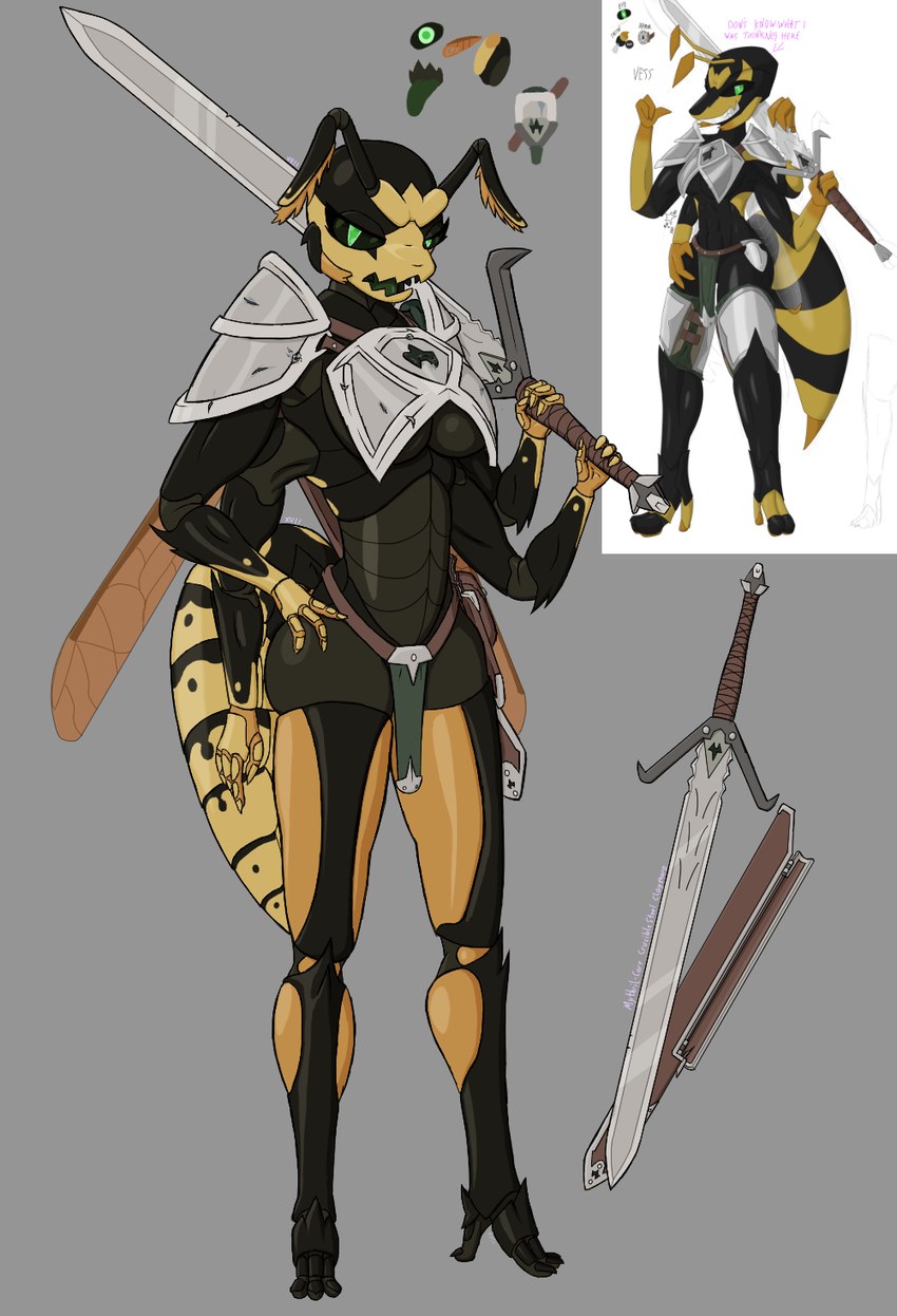 4_arms 4_fingers anthro armor black_sclera bottomwear breasts claymore clothing exoskeleton female fingers greatsword green_eyes loincloth multi_arm multi_limb pauldron solo unconvincing_armor under_boob wings xvii_(artist) vesper_(xvii) arthropod hymenopteran insect vespid wasp yellowjacket_(wasp) digital_media_(artwork) hi_res reference_image