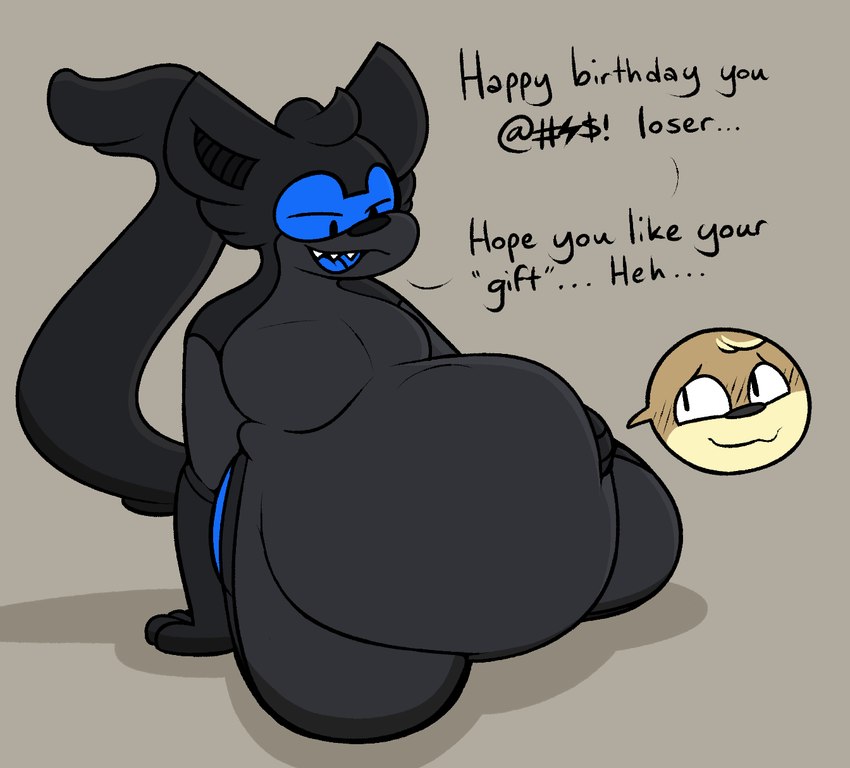 abdominal_bulge after_vore anthro belly belly_grab big_belly birthday bloated blue_visor blush blush_lines censored_dialogue dialogue drone duo happy_birthday insult kneeling male male/male overweight teasing text thick_thighs vore willing_prey conditional_dnp verdantphysician fluff_(shitpostingstag) servo_(verdantphysician) canid canine canis deer mammal robot_anthro wolf english_text hi_res