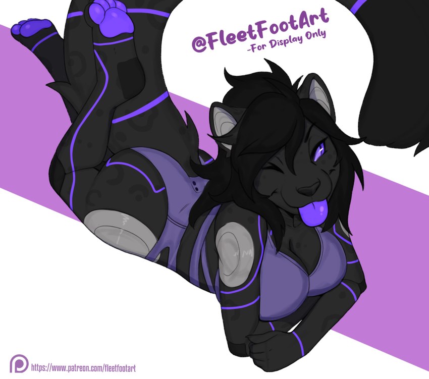 anthro blep female fluffy fluffy_tail hair lying on_front one_eye_closed pawpads raised_leg solo tail text tongue tongue_out wink fleet-foot felid mammal pantherine 2024 url