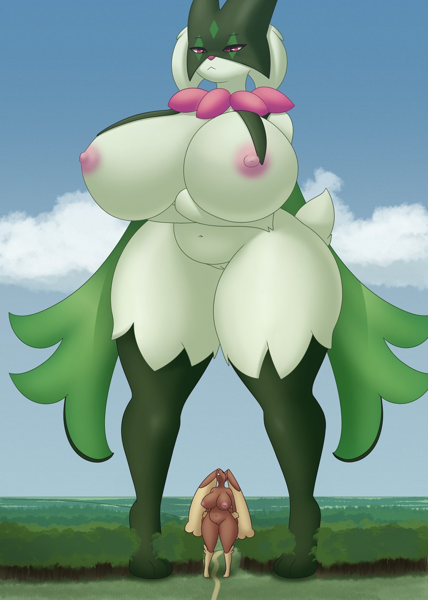 anthro areola belly big_breasts breasts duo female genitals huge_breasts macro multilevel_macro nipples pink_areola pink_nipples pussy size_difference size_play thick_thighs wide_hips r-rova nintendo pokemon generation_4_pokemon generation_9_pokemon lopunny meowscarada pokemon_(species) absurd_res hi_res