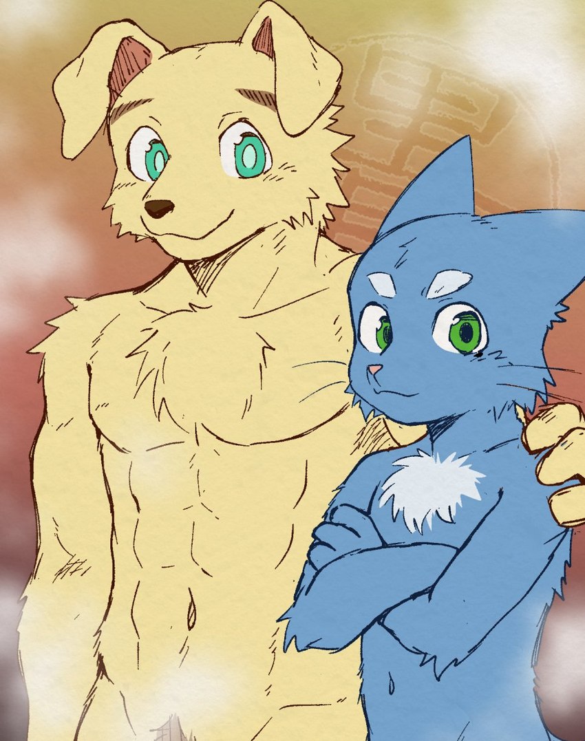 abs anthro blue_body duo fur green_eyes looking_at_viewer male muscular muscular_male navel nude pecs pubes yellow_body dark_ishihara aoniya_yuudai kaneinu_kosuke canid canine canis domestic_cat domestic_dog felid feline felis mammal hi_res