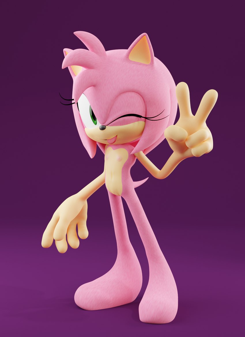 anthro blob_feet female flat_chested genitals gesture hand_gesture looking_at_viewer narrow_hips nude on_model one_eye_closed pink_body pussy solo thin_calves thin_legs thin_thighs v_sign wink winking_at_viewer young graphitys sega sonic_the_hedgehog_(series) amy_rose eulipotyphlan hedgehog mammal 3d_(artwork) digital_media_(artwork) hi_res