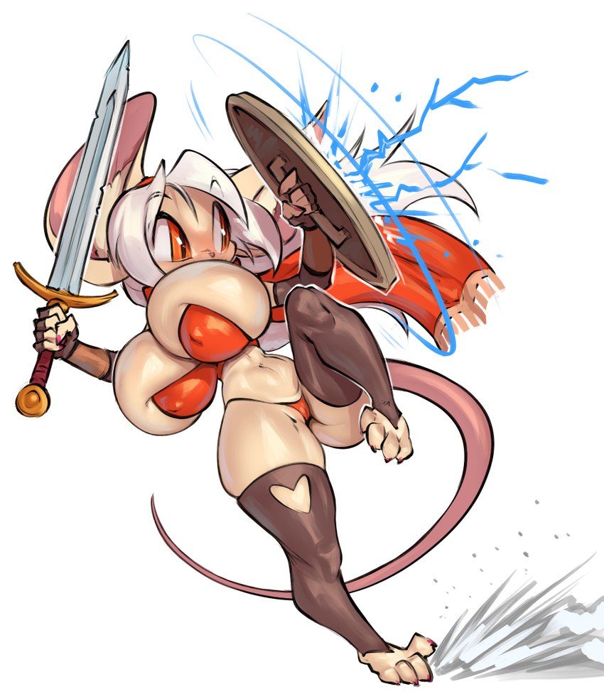 anthro big_breasts breasts cleavage clothed clothing female fur hair holding_melee_weapon holding_object holding_shield holding_sword holding_weapon huge_breasts melee_weapon navel orange_eyes panties shield simple_background solo sword tan_body tan_fur underwear weapon white_hair thefuckingdevil mammal mouse murid murine rodent 2024