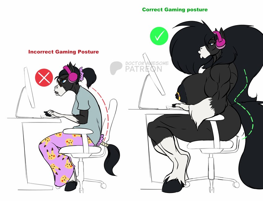 anthro areola bimbo_anthro bimbo_lip bimbofication bimbofied biped black_body breast_size_difference breasts chair clothed clothing computer duo electronics eyewear female fur furniture glasses hair headphones larger_female muscular muscular_female nipple_dip nipple_piercing nipples piercing sitting size_difference text thebigbadwolf01 correct_gaming_posture nyx_(tiffyjuggs) equid equine horse mammal english_text hi_res