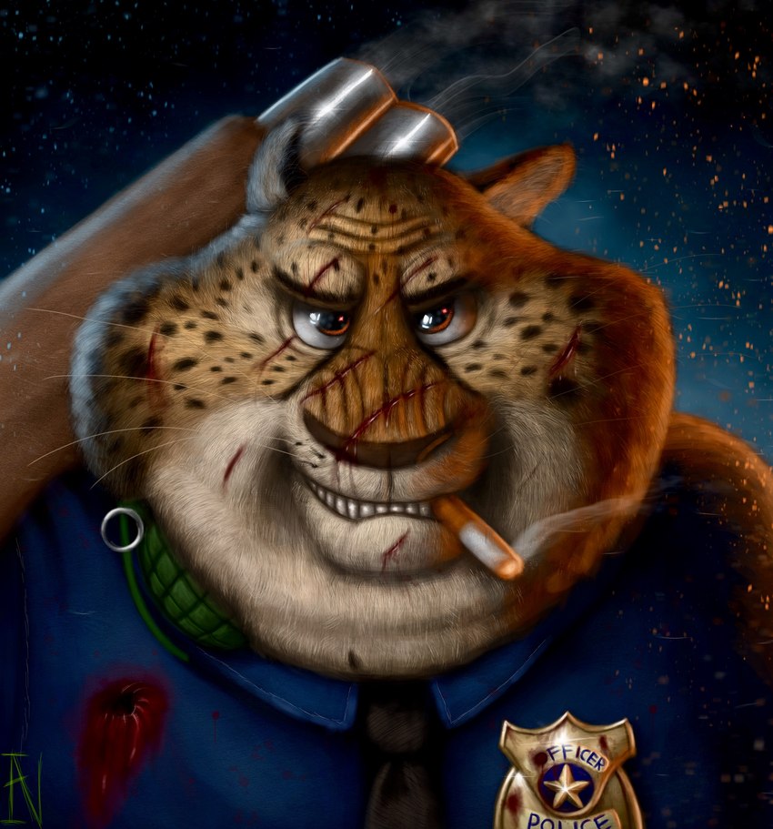 anthro big_cheeks blood bodily_fluids chubby_cheeks cigarette cigarette_in_mouth cigarette_smoke claw_marks clothing explosives fangs fur grenade grenade_pin gun gun_smoke gunshot_wound male markings necktie object_in_mouth police police_badge police_uniform ranged_weapon rifle shirt smile smoke solo spots spotted_body spotted_fur teeth topwear uniform weapon whiskers ian-exe disney zootopia benjamin_clawhauser cheetah felid feline mammal 2016 absurd_res bust_portrait hi_res portrait signature