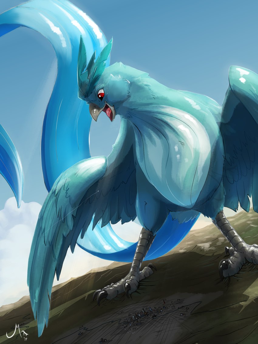 beak biped feathers feet feral landscape_dwarfing macro macro_feral male open_mouth red_eyes solo standing talons teal_body teal_feathers toes tongue tongue_out wings magpi nintendo pokemon articuno avian bird generation_1_pokemon legendary_pokemon pokemon_(species) 2019 3:4 hi_res