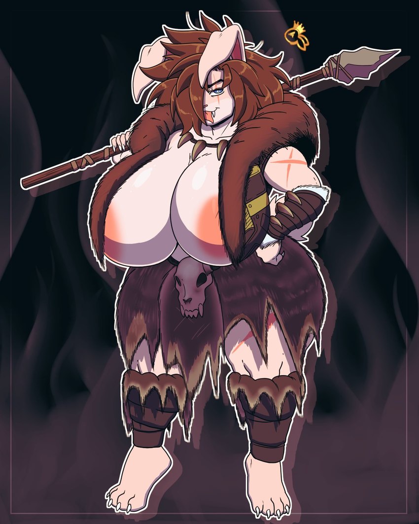 anthro areola armwear big_breasts bottomwear breasts brown_hair clothing female hair huge_breasts hunter jacket legwear melee_weapon pink_body polearm scar skirt solo spear tongue topwear weapon zeromccall jasmine_boingston lagomorph leporid mammal rabbit 4:5 hi_res