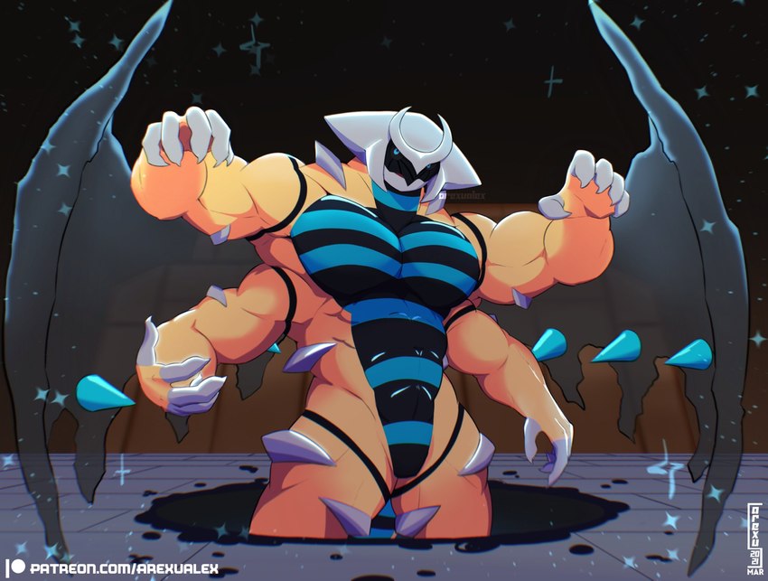 4_arms 5_fingers anthro anthrofied black_body black_sclera blue_eyes featureless_crotch fingers looking_at_viewer male multi_arm multi_limb muscular muscular_anthro muscular_male patreon_logo pecs pokemorph portal solo spikes spikes_(anatomy) text wings yellow_body arexualex nintendo patreon pokemon altered_forme_giratina generation_4_pokemon giratina legendary_pokemon pokemon_(species) shiny_pokemon 2021 artist_name hi_res url watermark