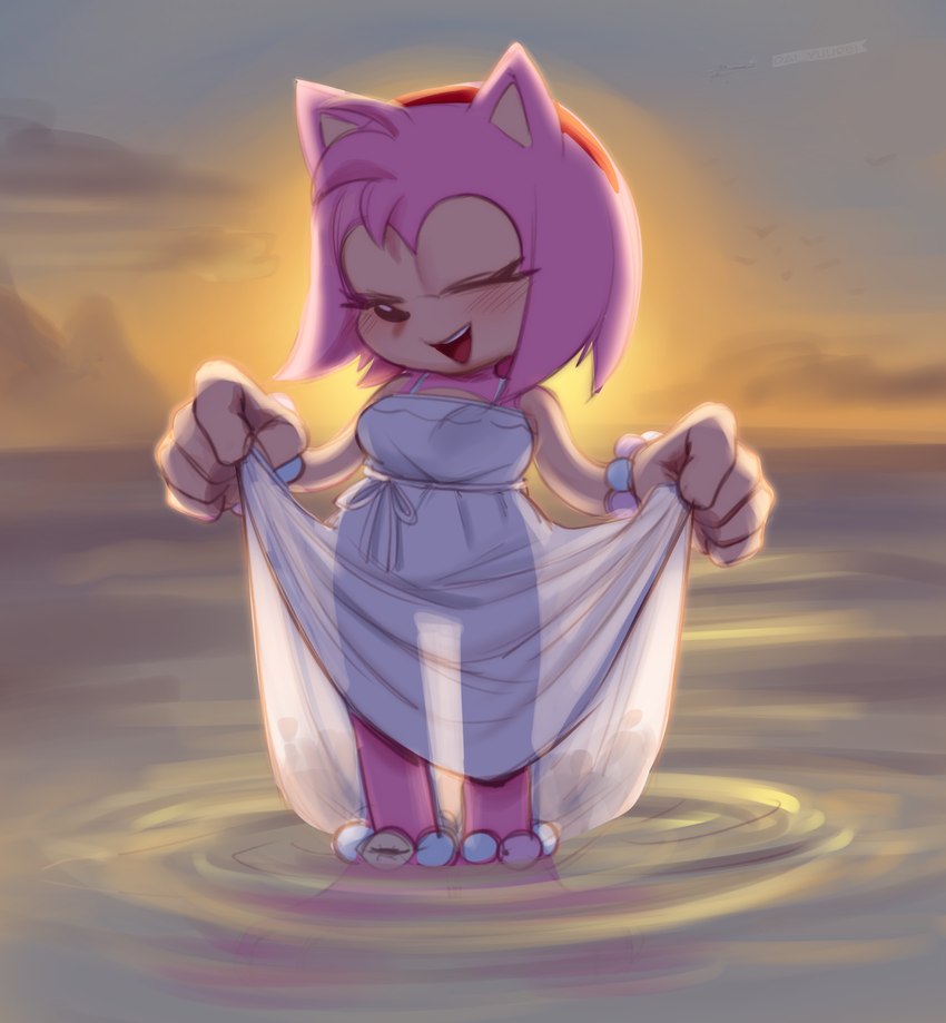 accessory anklet blush bracelet clothed clothing clothing_lift dress dress_lift eyes_closed female fur headband jewelry pink_body pink_fur red_headband sea silhouette solo sundress sunset translucent translucent_clothing water white_clothing white_dress omegahaunter sega sonic_the_hedgehog_(series) amy_rose eulipotyphlan hedgehog mammal absurd_res hi_res