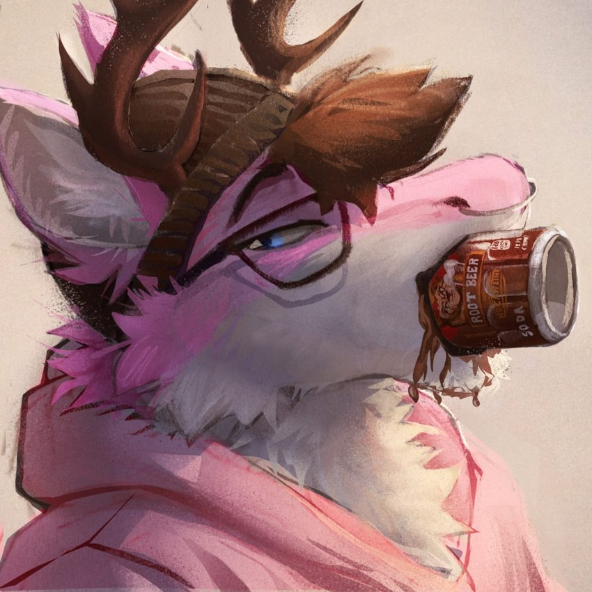 anthro beverage biped blue_eyes countershade_fur countershading drinking_soda eyewear fur glasses looking_at_viewer male pink_body pink_fur root_beer soda solo wearing_glasses white_body white_countershading white_fur latrans deer mammal 1:1 2024 hi_res