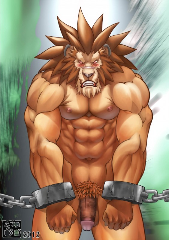 abs abstract_background angry anthro balls beard biceps big_muscles biped blush bound brown_hair chain clenched_teeth cuff_(restraint) exposed facial_hair fangs fist flaccid front_view fur genitals grey_nose hair humanoid_genitalia humanoid_penis looking_at_viewer male mane muscular muscular_anthro muscular_male muscular_sub navel nipples nude orange_body orange_skin pecs penis prisoner pubes red_eyes restraints shackles simple_background solo standing submissive submissive_male teeth bomb_(artist) red_earth leo_(red_earth) felid lion mammal pantherine 2012 absurd_res censored digital_media_(artwork) hi_res mosaic_censorship