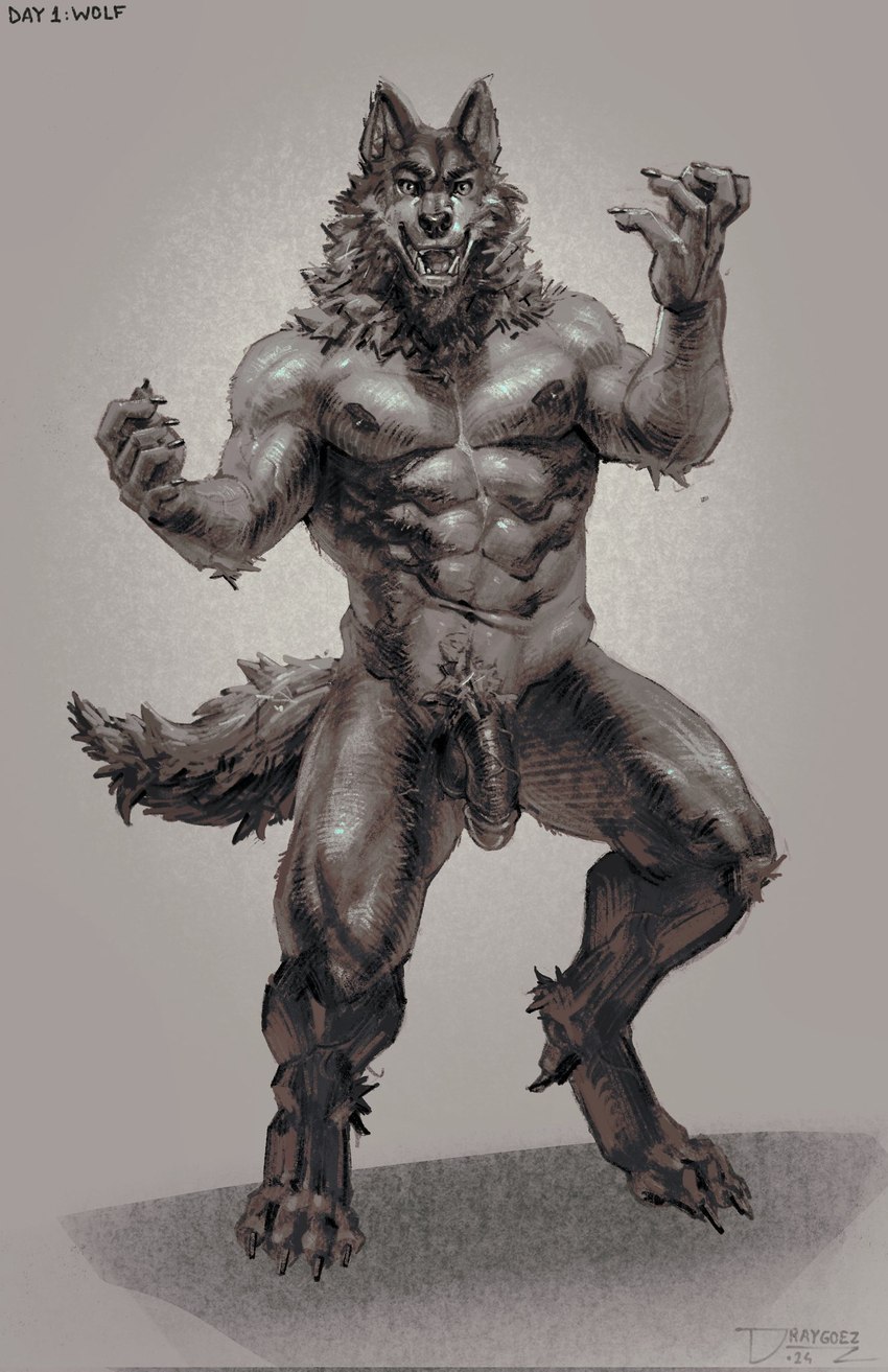 abs anthro balls biped digitigrade flaccid genitals male muscular muscular_anthro muscular_male navel nipples penis simple_background tail draygoezz canid canine canis mammal wolf 2024 digital_drawing_(artwork) digital_media_(artwork) hi_res monochrome