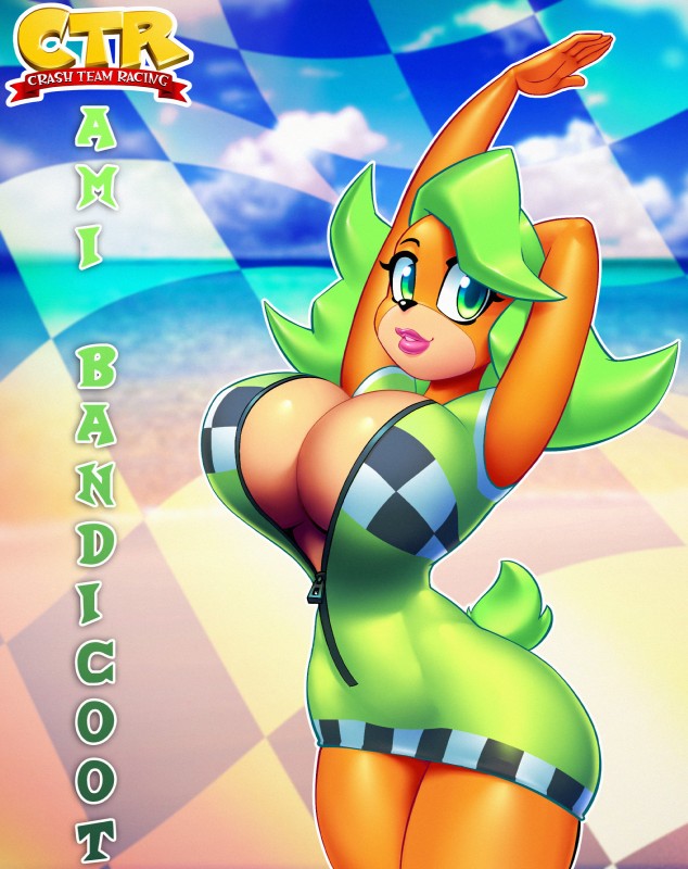 5_fingers anthro beach big_breasts biped black_nose bouncing_breasts breasts checkered checkered_background cleavage clothed clothing cloud curvy_figure deep_cleavage detailed_background dress eyelashes female fingers front_view green_clothing green_eyes green_hair green_tail hair hand_behind_head huge_breasts humanoid_hands inner_boob legs_together logo looking_at_viewer multicolored_body orange_body outline outside pattern_background pose race_queen raised_arm sand sea seaside short_dress short_hair short_tail simple_background sky slim smile solo standing stretching tail tan_body text tight_clothing two_tone_body unzipped unzipped_dress water zipper zipper_down zipper_dress nitro activision crash_bandicoot_(series) crash_team_racing_(series) crash_team_racing_nitro-fueled ami_bandicoot bandicoot mammal marsupial 2017 absurd_res character_name digital_media_(artwork) english_text hi_res pinup portrait three-quarter_portrait