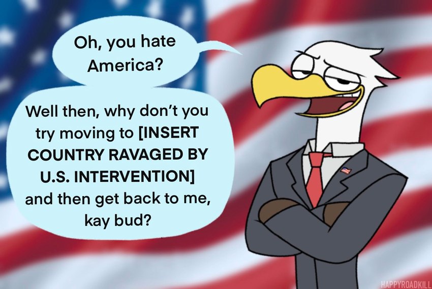 accessory anthro arms_bent arms_in_front beak canton clothed clothing conjoined_speech_bubble crossed_arms dialogue flag flag_(shape) flag_background flag_design flag_pin humor location_in_dialogue looking_at_viewer male necktie open_mouth open_smile pin_accessory political_cartoon politics smile solo speech_bubble suit talking_to_viewer text united_states_of_america happyroadkill eric_eagle accipitrid accipitriform avian bald_eagle bird eagle sea_eagle 2021 english_text reaction_image