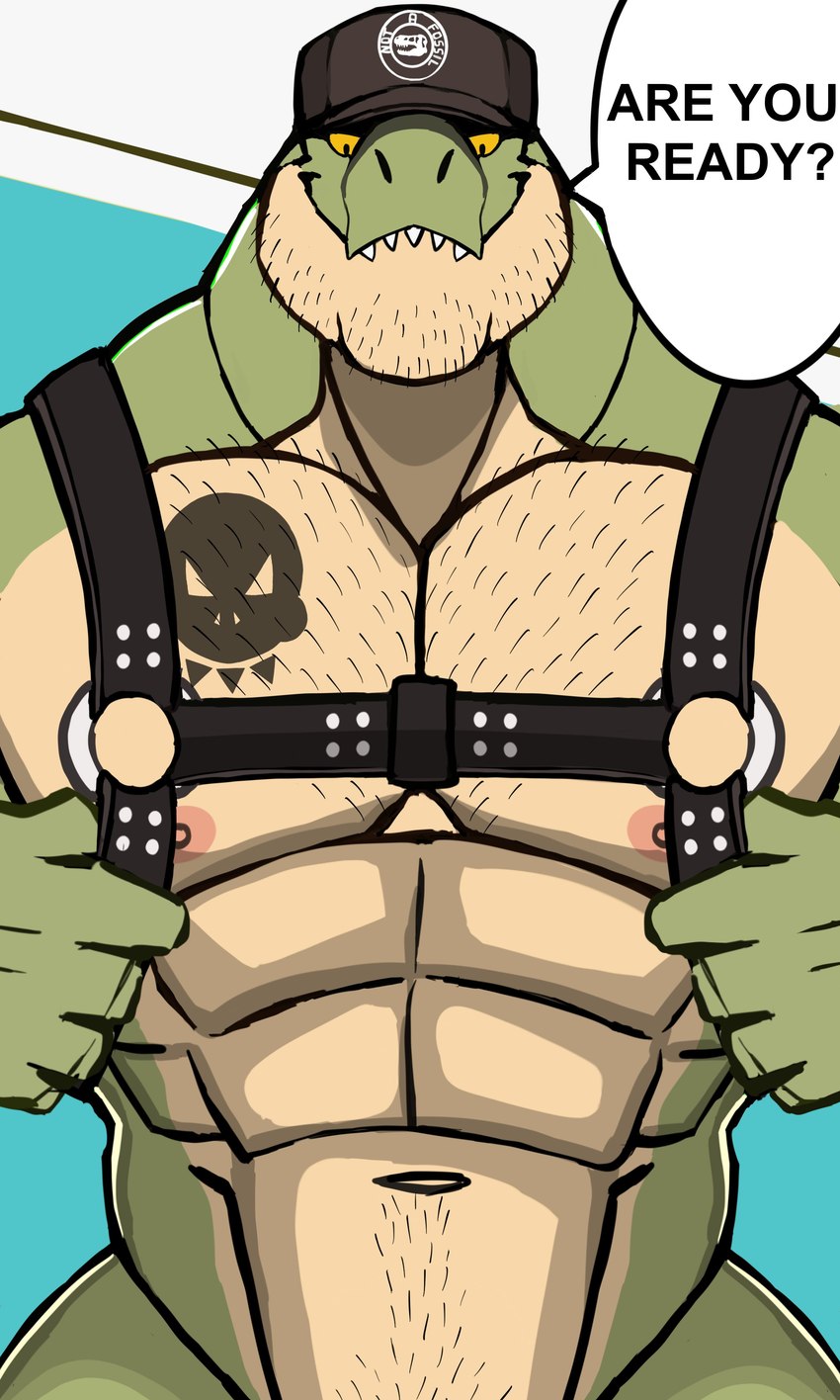 abs anthro big_muscles black_tattoo body_hair chest_hair chest_tattoo clothing countershade_body countershade_face countershade_neck countershade_scales countershade_torso countershading dark_tattoo dialogue green_arms green_body green_face green_fingers green_hands green_head green_legs green_neck green_scales hat headgear headwear huge_muscles hyper hyper_muscles leather leather_daddy light_arms light_body light_chest light_eyes light_face light_fingers light_hands light_head light_legs light_neck looking_down male male_anthro manly mature_anthro mature_male monotone_arms monotone_chest multicolored_body multicolored_scales muscular muscular_anthro muscular_arms muscular_male neck_muscles nipples pecs scale_tattoo scales shaved skull_symbol skull_tattoo small_eyes solo symbol symbol_tattoo tan_body tan_chest tan_countershading tan_face tan_head tan_neck tan_scales tattoo teeth trapezius two_tone_body two_tone_face two_tone_head two_tone_neck two_tone_scales yellow_eyes darknaigart jace_(darknaig) dinosaur prehistoric_species reptile scalie theropod tyrannosaurid tyrannosauroid tyrannosaurus tyrannosaurus_rex absurd_res colored digital_drawing_(artwork) digital_media_(artwork) hi_res