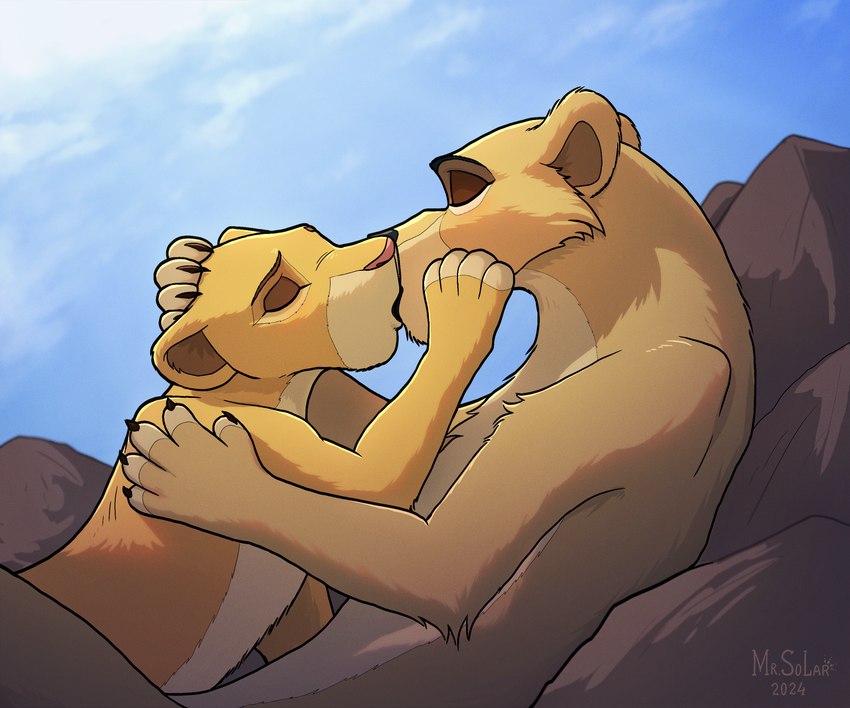 cuddling duo eyes_closed female female/female feral french_kissing fur hug kissing lying nude on_back on_front mr.solar disney the_lion_king kiara_(the_lion_king) zira_(the_lion_king) felid lion mammal pantherine digital_media_(artwork) hi_res