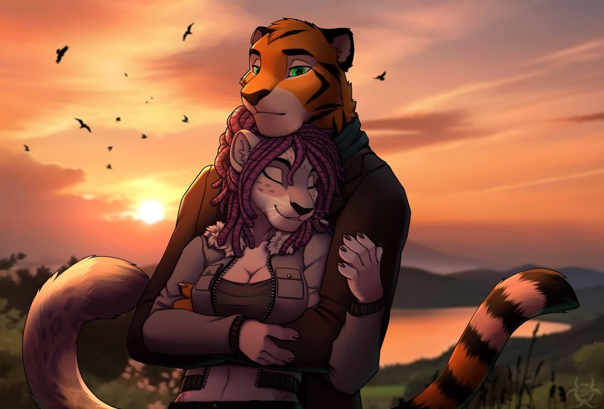 anthro black_tail breasts cleavage clothed clothing cuddling dreadlocks duo eyes_closed female fur green_eyes hair hug hugging_another hugging_from_behind inner_ear_fluff jacket male multicolored_tail navel orange_body orange_fur orange_inner_ear_fluff orange_tail purple_hair size_difference smile sunset sweater tail topwear tuft white_tail tashalisets legend_of_ahya mikhail_joan natalia_ruyemov_(darkflamewolf) ambient_bird avian bird felid feline leopard mammal pantherine snow_leopard tiger hi_res