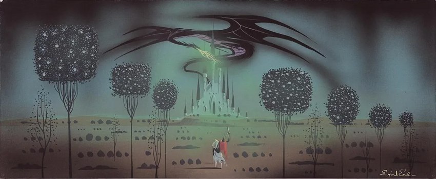 armor breath_powers castle duo elemental_manipulation female feral fight fire fire_breathing fire_manipulation interspecies knight larger_feral macro male melee_weapon outside plant riding shield size_difference smaller_human sword tree warrior weapon eyvind_earle disney european_mythology mythology sleeping_beauty_(1959) maleficent prince_phillip_(disney) samson_(disney) dragon equid equine horse human mammal mythological_creature mythological_scalie scalie western_dragon 1959 20th_century ancient_art concept_art gouache_(artwork) lineless official_art painting_(artwork) traditional_media_(artwork)