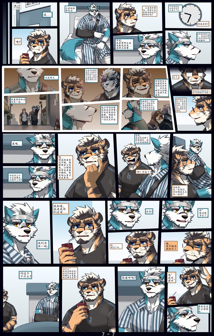 anthro barazoku blue_body blue_fur eyewear fur glasses hospital male muscular muscular_anthro muscular_male orange_body orange_fur text wearing_glasses white_body white_fur ce70351720 canid canine canis felid mammal pantherine tiger wolf 2024 absurd_res comic english_text hi_res