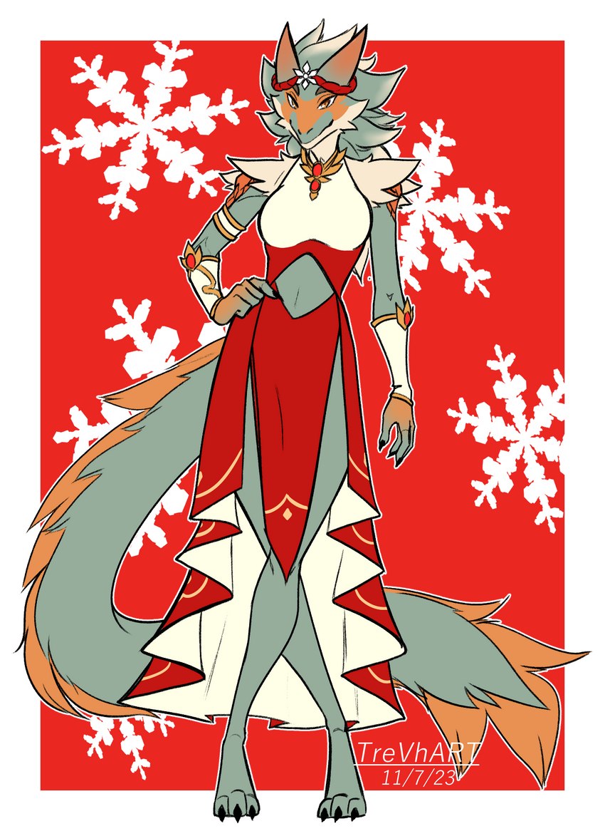 3_toes anthro barefoot big_tail breasts claws clothing dress feet female front_view head_piece holidays jewelry long_tail medium_breasts necklace non-mammal_breasts paws snow snowflake tail tapering_tail thick_tail toe_claws toes trevhart christmas mythology dragon mythological_creature mythological_scalie scalie hi_res