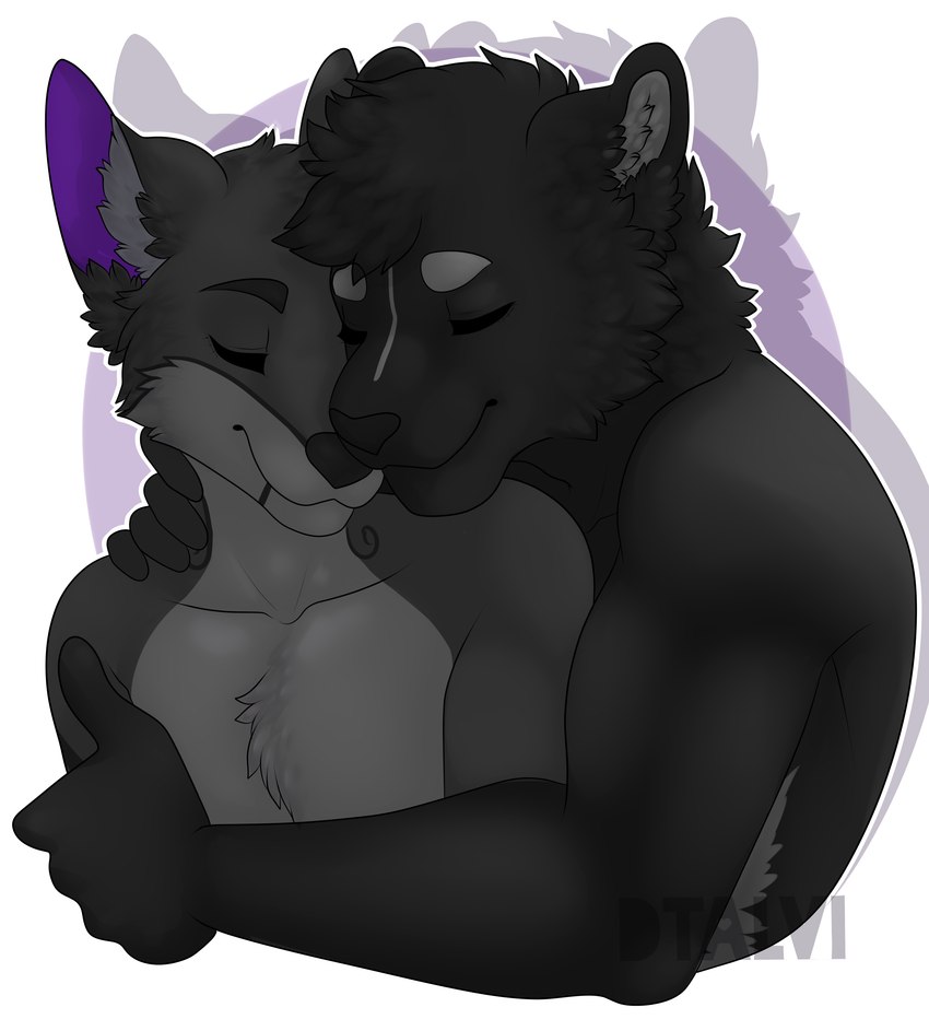 anthro duo dye hug love male male/male nuzzling dtalvi neon_panther slinx_(character) canid canine canis domestic_dog fox husky hybrid mammal nordic_sled_dog panthera spitz absurd_res hi_res