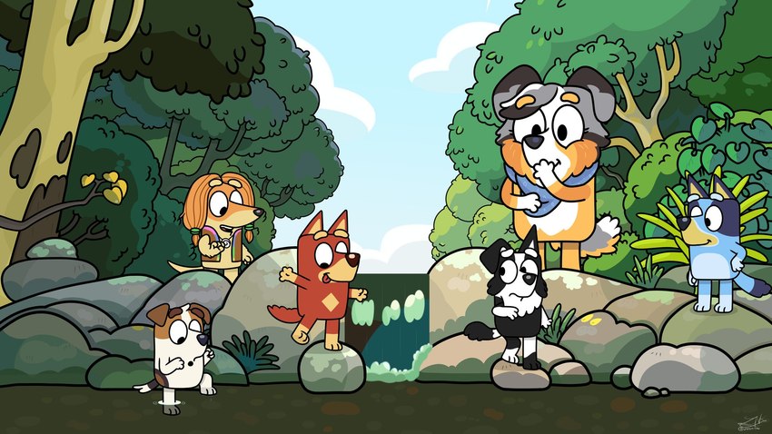 anthro detailed_background female group male nature nature_background young zankandreas bluey_(series) bluey_heeler calypso_(bluey) indy_(bluey) jack_russell_(bluey) mackenzie_border_collie rusty_(bluey) canid canine canis domestic_dog mammal pastoral_dog 16:9 hi_res widescreen