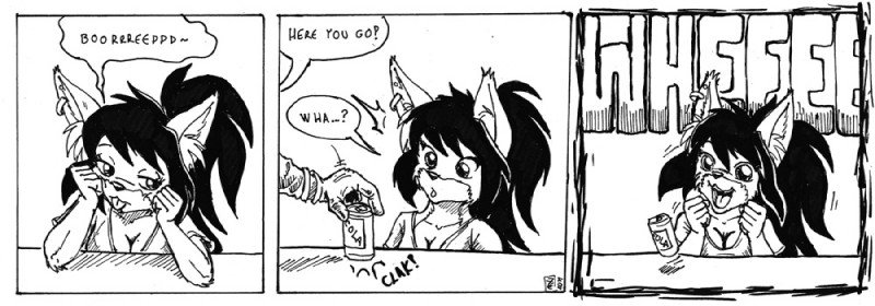 beverage can cola container ear_piercing female piercing soda text s-nina s'zira canid canine canis mammal rodent sciurid tree_squirrel wolf comic english_text greyscale monochrome