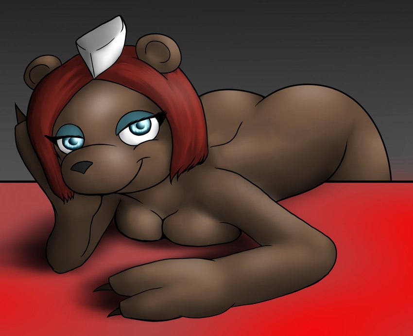 anthro black_nose blue_eyes blue_eyeshadow breasts brown_body brown_ears butt eyelashes eyeshadow female hair looking_at_viewer makeup red_hair solo yoshierniegp_(artist) the_little_panda_fighter beth_(tlpf) bear mammal 2014 colored digital_media_(artwork) shaded