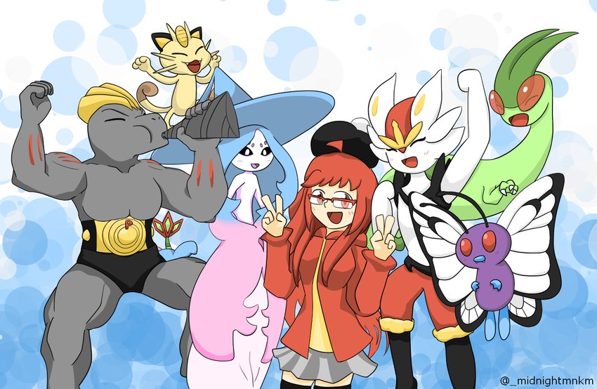 ahoge ambiguous_gender anthro clothing eyes_closed female gesture group hair hand_gesture happy hat headgear headwear male open_mouth orange_eyes party_horn raised_arms red_hair simple_background tam_o'_shanter v_sign friita nintendo pokemon mikan_(friita) pokemon_trainer butterfree cinderace flygon generation_1_pokemon generation_3_pokemon generation_8_pokemon hatterene human humanoid machoke mammal meowth pokemon_(species) 2019 signature