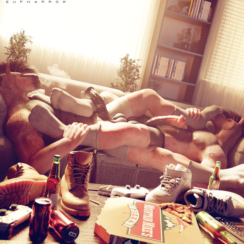 abs alcohol anatomically_correct anatomically_correct_genitalia anatomically_correct_penis animal_genitalia animal_penis anthro anthro_on_anthro areola athletic athletic_anthro athletic_male balls balls_touching belly beverage beverage_can biceps big_feet big_penis biped black_balls black_body black_clothing black_hair black_mane black_nose black_penis black_skin black_underwear bodily_fluids boots bottomwear boxer_briefs bros_being_bros brown_body brown_skin can clothing clutter coffee_table container controller dark_penis darkened_balls darkened_genitalia darkened_penis detailed_background detailed_genitals detailed_penis drugs duo electronics equine_genitalia equine_penis erection eyebrows feet fingers flared_penis food foot_fetish foot_grab foot_on_belly foot_on_chest foot_on_face foot_play foot_sniffing footwear furniture game_controller genitals glans glistening glistening_genitalia glistening_penis hair humanoid_hands inside intraspecies leaning leaning_backward living_room looking_away male male/male mane mane_hair manly marijuana medial_ring messy mohawk moody moody_lighting mostly_nude mottled mottled_genitalia mottled_penis multicolored_body multicolored_hair multicolored_mane multicolored_penis multicolored_skin muscular muscular_anthro muscular_arms muscular_male nails navel nipples on_sofa pecs penile penis photorealism pillow pink_glans pizza pizza_box plantigrade plate playstation_controller reaching realistic_lighting realistic_shading reclining relaxing remote_control sheath shoes side_view slice smoking smoking_marijuana sneakers sniffing sniffing_clothes snout sock_sniffing socks sofa spread_legs spreading sweat table text thick_penis tv_remote two_tone_body two_tone_skin underwear vein veiny_arms veiny_muscles veiny_penis white_clothing white_footwear white_socks white_underwear wireless_controller wood wood_furniture wood_table eupharrow dualsense playstation sony_corporation sony_interactive_entertainment equid equine horse mammal 1:1 2025 3d_(artwork) absurd_res detailed digital_media_(artwork) hi_res watermark