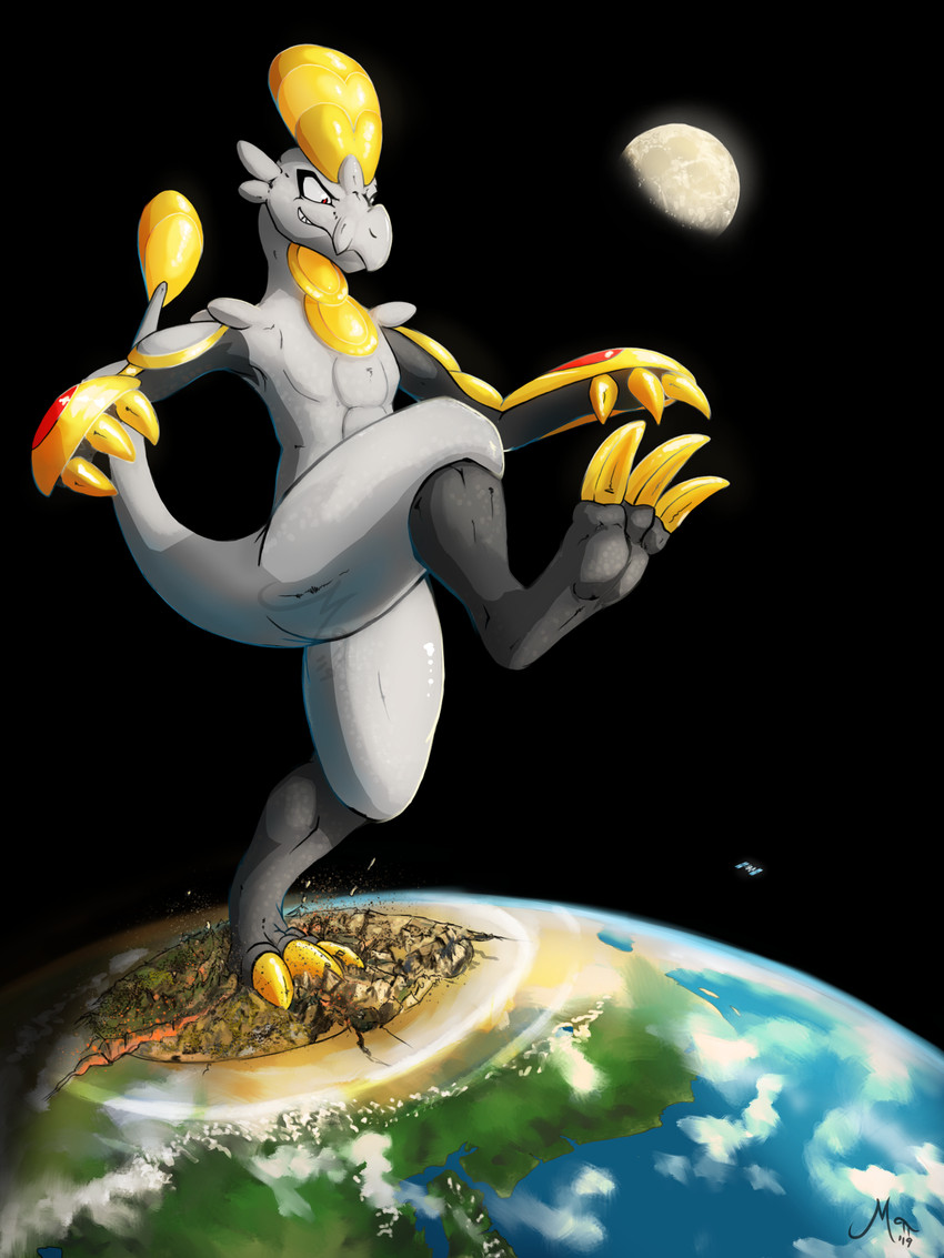 3_toes ambiguous_gender anthro claws destruction earth feet long_claws macro macro_anthro moon nude planet shockwave solo space standing_on_planet stomping terra_macro toes yellow_claws magpi nintendo pokemon generation_7_pokemon hakamo-o pokemon_(species) 3:4 hi_res