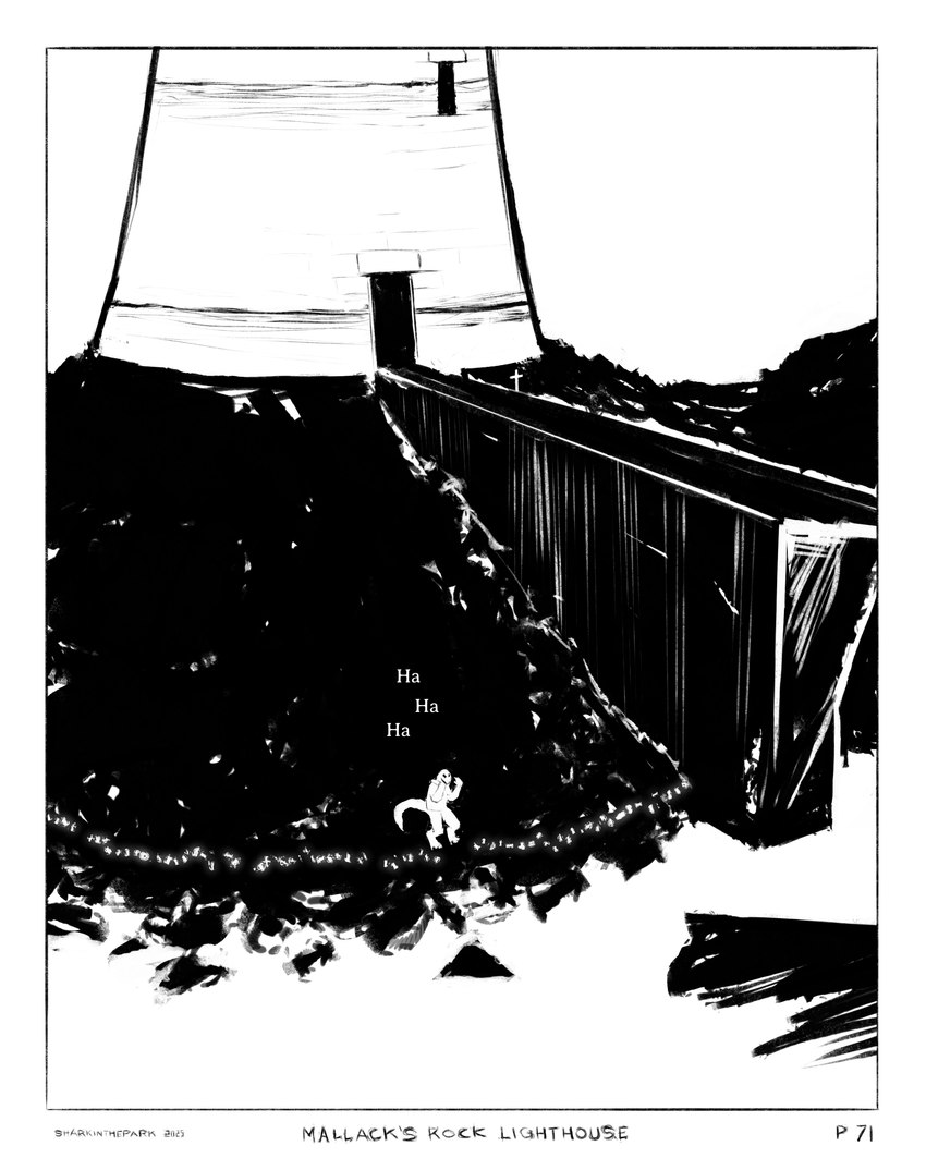border cross dialogue doorway glowing_text laugh lighthouse male pier rock runes solo tail water window sharkinthepark komo_(sharkinthepark) komodo_dragon lizard monitor_lizard reptile scalie 2025 absurd_res black_and_white comic hi_res monochrome